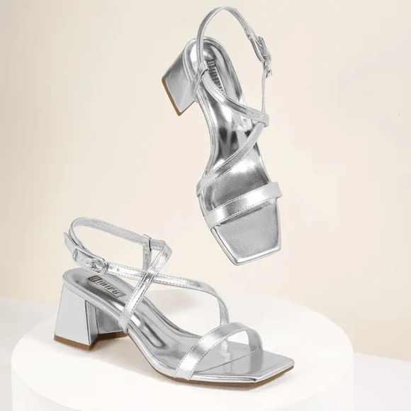 Silver Strappy Block Heel Sandals - Picture 4 of 10